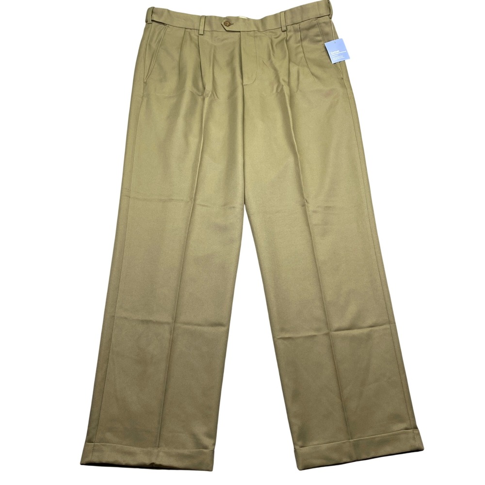 Croft & Barrow Mens Pleated Dress Pants Sz 40 Sand Tan No Iron Microfiber Cuffed